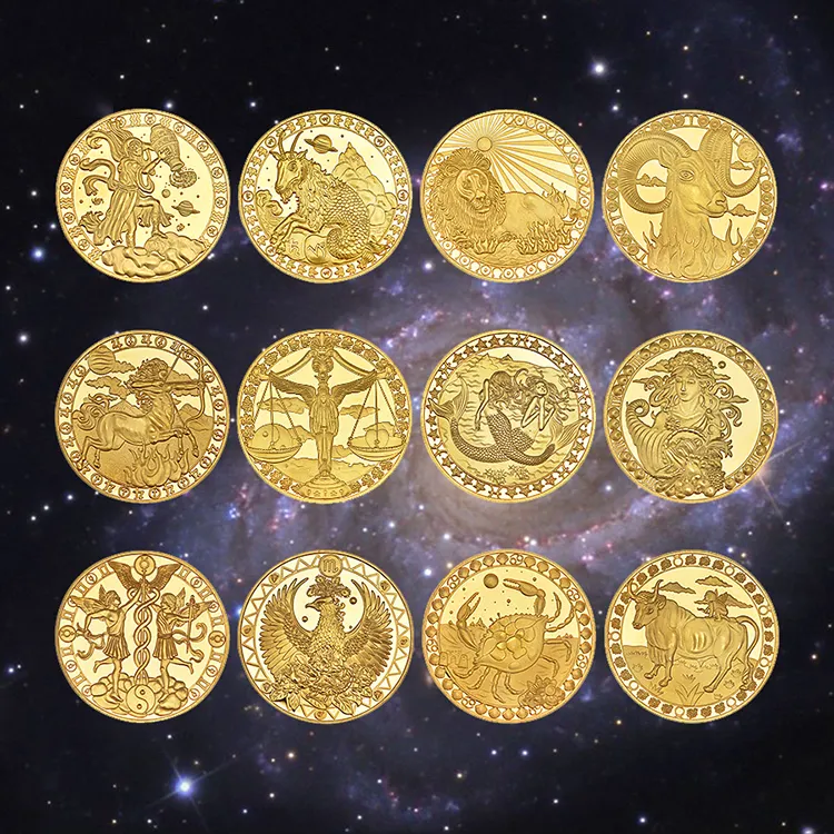 Monedas de oro de 24k con 12 Constelaciones, Aries, Tauro, Gemini, cáncer, Leo, Virgo