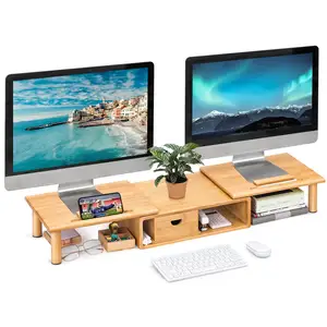 Double display stand riser with storage drawer bamboo computer desk