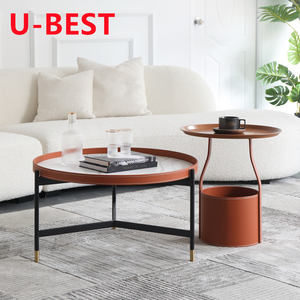 Table Basse U-BEST Nordic Light Luxury en Cuir et Marbre, Style Italien Créatif, Petite Table d'Appoint Rétro avec Surface en Marbre et Piétement Doré - Product Image 2