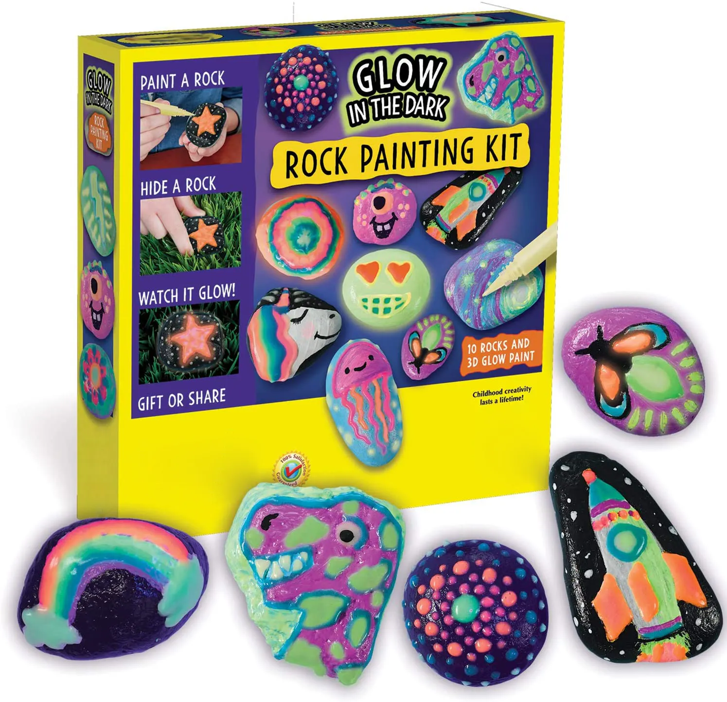 Kit de pintura de roca que brilla en la oscuridad, superventas, pintura de 10 rocas con manualidades de pintura brillante resistente al agua para niños