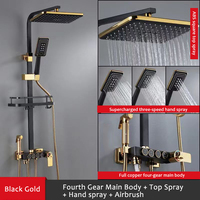 Ensemble de robinetterie de douche contemporain en laiton noir thermostatique simple 4 voies apparent pour salle de bain d'hôtel, avec pommeau de douche multifonction à pression accrue