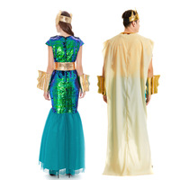 Costume de Sirène Magique Verte d'Halloween Adultes Déesse Gréco-Romaine Naga Sirène Dieu de la Mer Robe Reine Prince-Hommes Femmes Robe de Couple