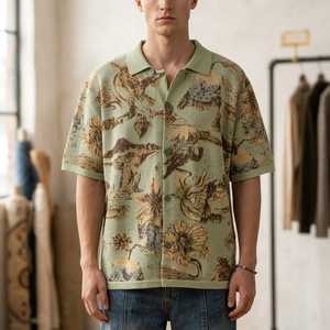 Polo de punto jacquard de manga corta personalizado para <span class=keywords><strong>hombre</strong></span>, suéter cárdigan vintage con <span class=keywords><strong>botones</strong></span> para marcas de ropa urbana, MOQ bajo - Product Image 2