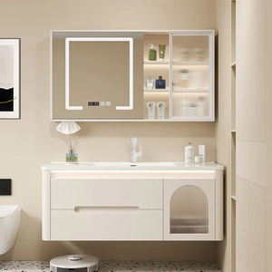Armadietto da bagno moderno in rovere semplice con angoli arrotondati con <span class=keywords><strong>specchio</strong></span> da bagno in ceramica con <span class=keywords><strong>specchio</strong></span> da bagno in crema per lavabo Set - Product Image 3