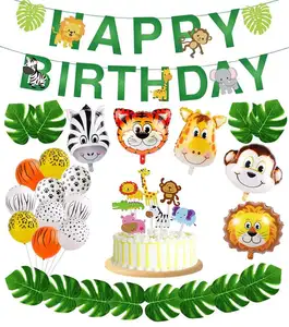 Jungle Party Balloons Supplies Animals Birthday Decoration Kit Happy Birthday Banner Artificial Palm Leaves Party Supplies