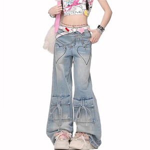 Nuovo stile coreano estivo Jeans Multi tasca a gamba dritta per le donne a vita alta a gamba larga stile <span class=keywords><strong>Cargo</strong></span> largo e confortevole - Product Image 4