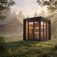 Sauna extérieur moderne en cèdre rouge chauffé au bois pour 4 personnes avec douche, commande informatique, fenêtres à transom, 6KW