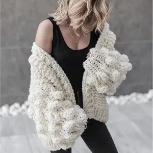 Áo Len Nữ Dài dày tùy chỉnh Áo cardigan dệt kim Chunky Chất lượng cao dệt kim tay Pom Pom Áo len dài Crochet Cardigan