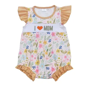 RTS婴儿新生婴儿女孩颤动袖橙色花朵我爱妈妈刺绣精品母亲节夏季露宿者连体裤