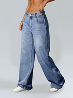 Pantalon en jean décontracté d'été pour femme, coupe ample, tissé, jambe large, délavé, longueur ras du sol, taille basse avec ceinture à trous