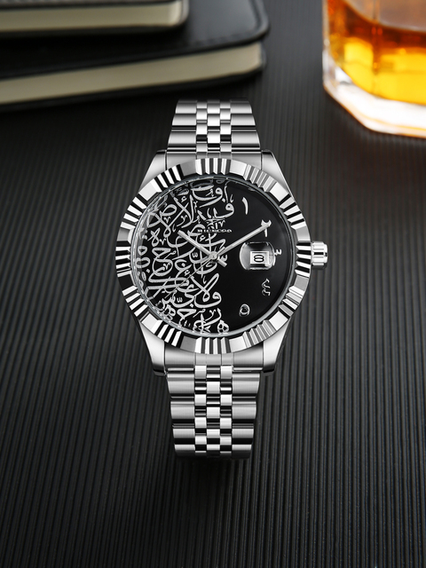RICECGO Luxury Men's Quartz Watch Arabic Calligraphy Dial Islamic Art Stainless Steel Waterproof Business Date Wristwatch