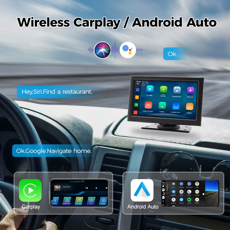 CarPlay MP5 Player com função de transmissor FM, câmera dupla 4K/1080P universal para carro, tela de 7 polegadas Maustor Carplay, DVD Player universal para carro