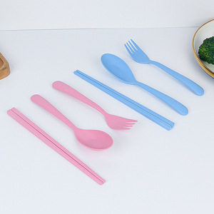 <b>Cutlery</b> <b>Set</b> Portable Eco-friendly Reusable 3 Pcs Wheat Straw Spoon Fork Chopsticks for <b>Kids</b> Children School Travel Picnic - Product Image 3