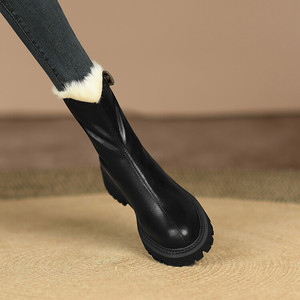 Cialisa <span class=keywords><strong>marrone</strong></span> vera <span class=keywords><strong>pelle</strong></span> inverno caldo pelliccia scarpe da donna nero grosso tacco medio stivali da neve conciso signore stivaletti corti alla caviglia - Product Image 4