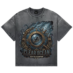 เสื้อยืดโอเวอร์ไซส์สไตล์วินเทจสำหรับผู้ชาย ผ้าฝ้ายสตรีทแวร์ ลุคดิสเทรส พิมพ์ลาย DTG สีฟ้าใส สไตล์สตีมพังก์ คุณภาพสูง รับสั่งทำ - Product Image 1