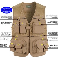 Gilet de randonnée et de pêche pour homme, fin, respirant, à séchage rapide, en maille, avec fermeture éclair, multi-poches, col en V, uni, sans repassage, idéal printemps-été, grandes tailles
