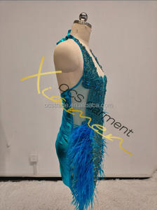 MF nueva mujer cumpleaños Bodycon Jersey Rhinestone Mini vestido elegante noche Club sin mangas brillante cristal azul pluma vestido - Product Image 5