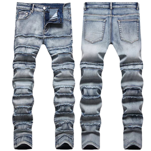 Jean en denim tricoté coloré pour homme, style urbain, déchiré, extensible, coupe droite, taille mi-haute, décontracté, hip-hop, avec franges, coupe slim, style rock chic - Product Image 1