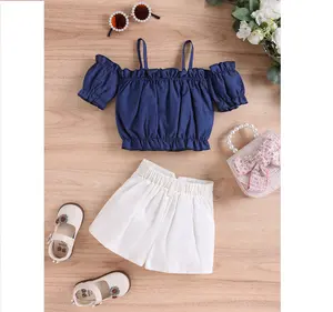 Children Summer 2 pcs Girls Kids Ruffled Shirts With Short Pants Children Clothes Set Girl Wear