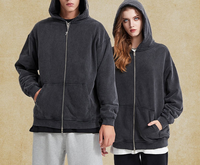 Hoodie Zip Up Stone Wash dengan Sablon, Bahan Katun French Terry, Seri High Street, Hoodie Oversize dengan Efek Cuci Usang