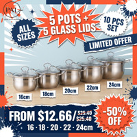 Ensemble de 5 casseroles 16 18 20 22 24 cm, entièrement en acier, poignées soudées, sans plastique, couvercle en verre anti-craquellement, avec trou de vapeur, pour cuisinière à gaz, cuisine domestique