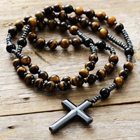 Collier pendentif chapelet catholique en perles d'œil de tigre naturel et onyx, avec croix en hématite, pour couples, bijoux pour hommes et femmes