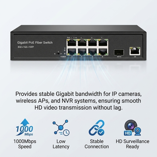 Professional 8 Port PoE Network Switch with 1 Gigabit Uplink and SFP Optical Fiber Port for IP Cameras and Fiber Transmission
