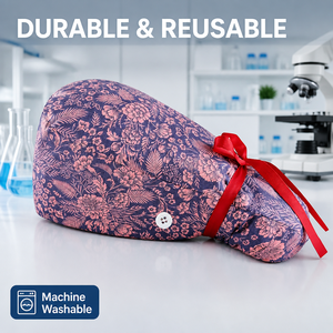 Bonnets chirurgicaux bouffants rouges en coton à motifs floraux, durables et réutilisables, pour le personnel médical et les uniformes de soins de santé - Product Image 1
