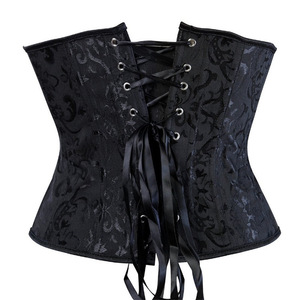 Women's <b>Black</b> Satin <b>Corset</b> With Embroidery <b>Lace</b>-<b>Up</b> Waist Cincher Firm Control Lingerie Bustier - Product Image 1
