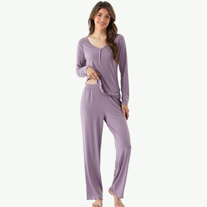 <span class=keywords><strong>Pigiama</strong></span> Lungo Traspirante Personalizzato per Donne, Set con <span class=keywords><strong>Bottoni</strong></span> Frontali in Viscosa di Bambù, Abbigliamento da Notte Femminile - Product Image 1