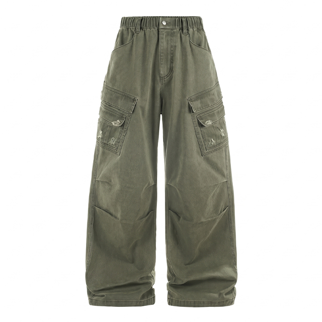 Custom Olive Green Washed Distressed Multi Pocket Elastic Waist Wide Leg Cargo Jeans Oversized Vintage Streetwear Denim Pants