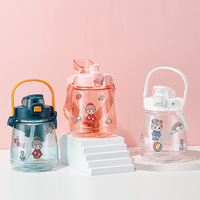 Bouteille d'eau motivante en plastique de 1,1 L avec paille rabattable, support de téléphone portable intégré, mignonne, pour le sport, les voyages et les enfants