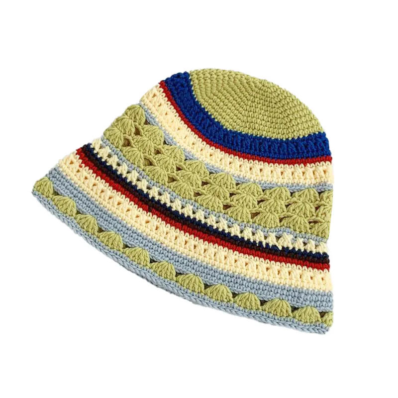 Dames Handgemaakte Gebreide Muts Buiten Zonnescherm Ademende Casual Streep Beanie Vissershoed