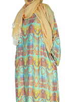Abaya à imprimé Ikat turquoise avec ensemble hijab pêche, robe abaya ample et modeste pour femmes, tenue islamique décontractée