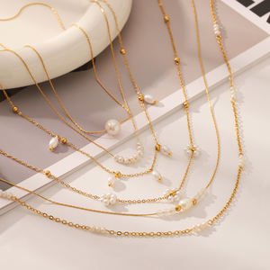 Collar de cuentas de perlas de agua dulce delicadas, joyería para mujer, collar de cadena fina de acero inoxidable chapado en oro de 18 quilates a la moda para mujer - Product Image 4