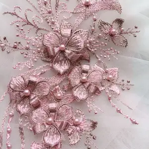 Altın kırmızı 3D inci çiçekler nakış dantel aplike düğün parti elbise DIY giyim için