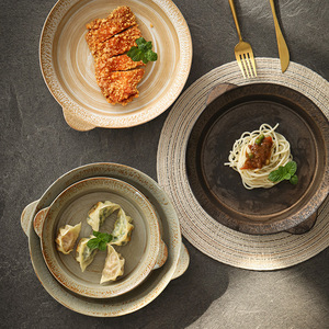 Assiette en céramique japonaise à double oreille Assiettes rétro en poterie brute Plats <span class=keywords><strong>de</strong></span> dîner faits à la main Isolation thermique Vaisselle grande taille - Product Image 2