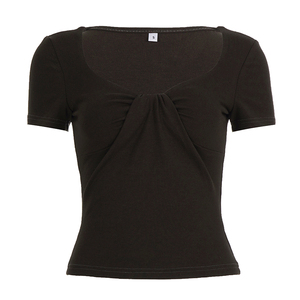 T-shirt élégant pour femme à décolleté bas et torsion sur le devant, couleur unie - Haut décontracté à manches courtes coupe ajustée, OEM accepté - Product Image 6