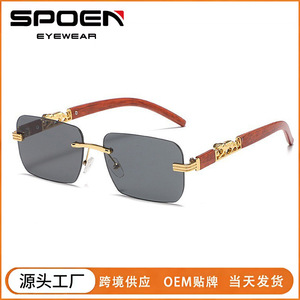 Rimless <b>Gradient</b> <b>Sunglasses</b> Wood Frame Gold Accents Retro Style Unisex UV400 Protection Adult Accessories - Product Image 5