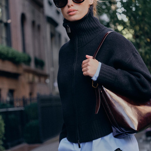 <b>Women</b> Black Full Zip Turtleneck <b>Cardigan</b> Long Sleeve <b>Oversized</b> Thick Knit Winter Sweater - Product Image 1