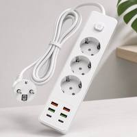 Regleta de alimentación al por mayor con logotipo personalizado, estándar europeo Schuko, de cobre y ABS, 10A, 3 tomas, cable de extensión, 4 USB, 2 USB C PD de carga rápida y protección contra sobretensiones.