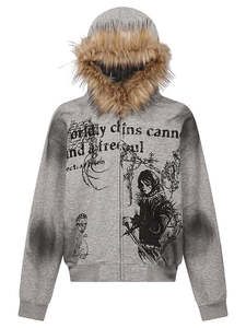 เสื้อฮู้ดโอเวอร์ไซส์แบบยูนิเซ็กซ์  ผ้าฝ้ายฝรั่งเศส 100%  ลายพิมพ์โกธิคสีเทา  ฮู้ดขนเฟอร์เทียม  กันน้ำ เป็นมิตรกับสิ่งแวดล้อม  สไตล์สตรีทแวร์สำหรับฤดูหนาว - Product Image 1