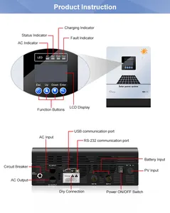 Treo tường biến tần 3KVA 3KW 5KW 8KW DC 24V 48 để AC 208V 220V 230V 240V MPPT Sine Wave lai biến tần năng lượng mặt trời hệ thống điện