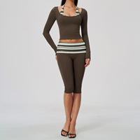 Ensemble de yoga pour femme, faux deux pièces, col licou, manches longues, color block, coupe ajustée, respirant, pour le sport et le fitness, longueur mollet