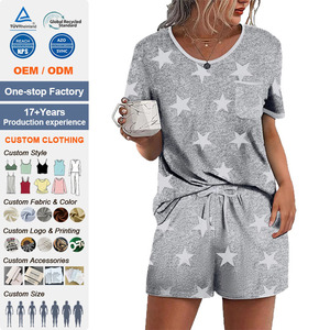Conjunto de Pijama Feminino 2 Peças: Camiseta de Manga Curta com Gola Redonda e Shorts, Roupa de Dormir Macia com Bolso no Peito - Product Image 1