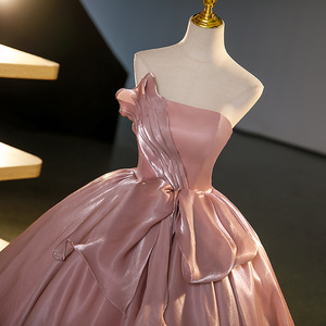 Dusty Rose Satin Strapless Backless Ball Gown Empire Waist Evening Dress with Puffy Skirt - Product Image 2