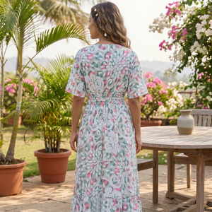 Vestido Casual Transpirable de Verano Coreano con Estampado Floral, Estilo Bohemio Y2K, de Seda Tejida India, Corte A, Talla Única, Cuello en V y Manga Acampanada - Product Image 2