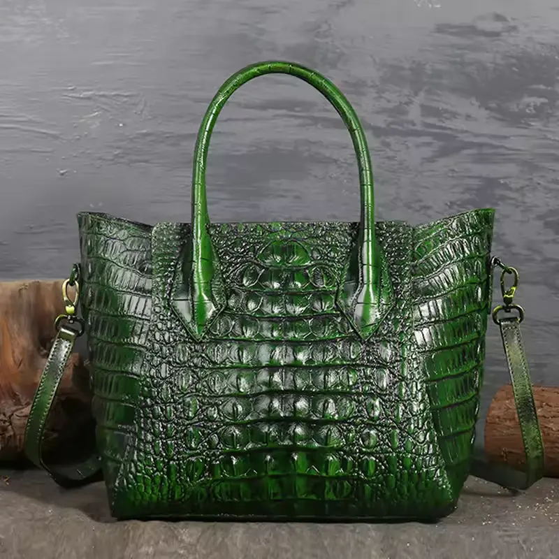 Women Genuine Crocodile Leather Pattern Retro Handbag Croc Brand Embossed Ladies Handbag for Female Green Bag with Studs Vintage