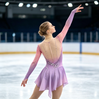 Robe de patinage artistique à manches longues dégradé rose-violet avec dos transparent orné de strass pour la compétition et les spectacles des adultes et des enfants