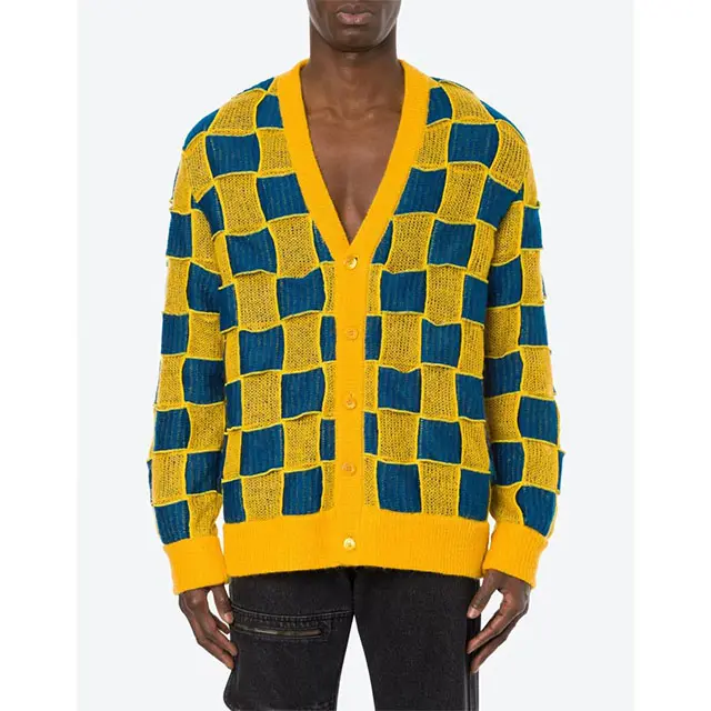 CY Wholesale Soft Cotton Blue Knit Jacquard checked jacquard Pattern Men Cardigan sweater hot sale